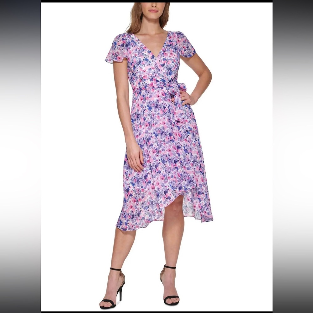 DKNY Floral Print Faux Wrap Midi